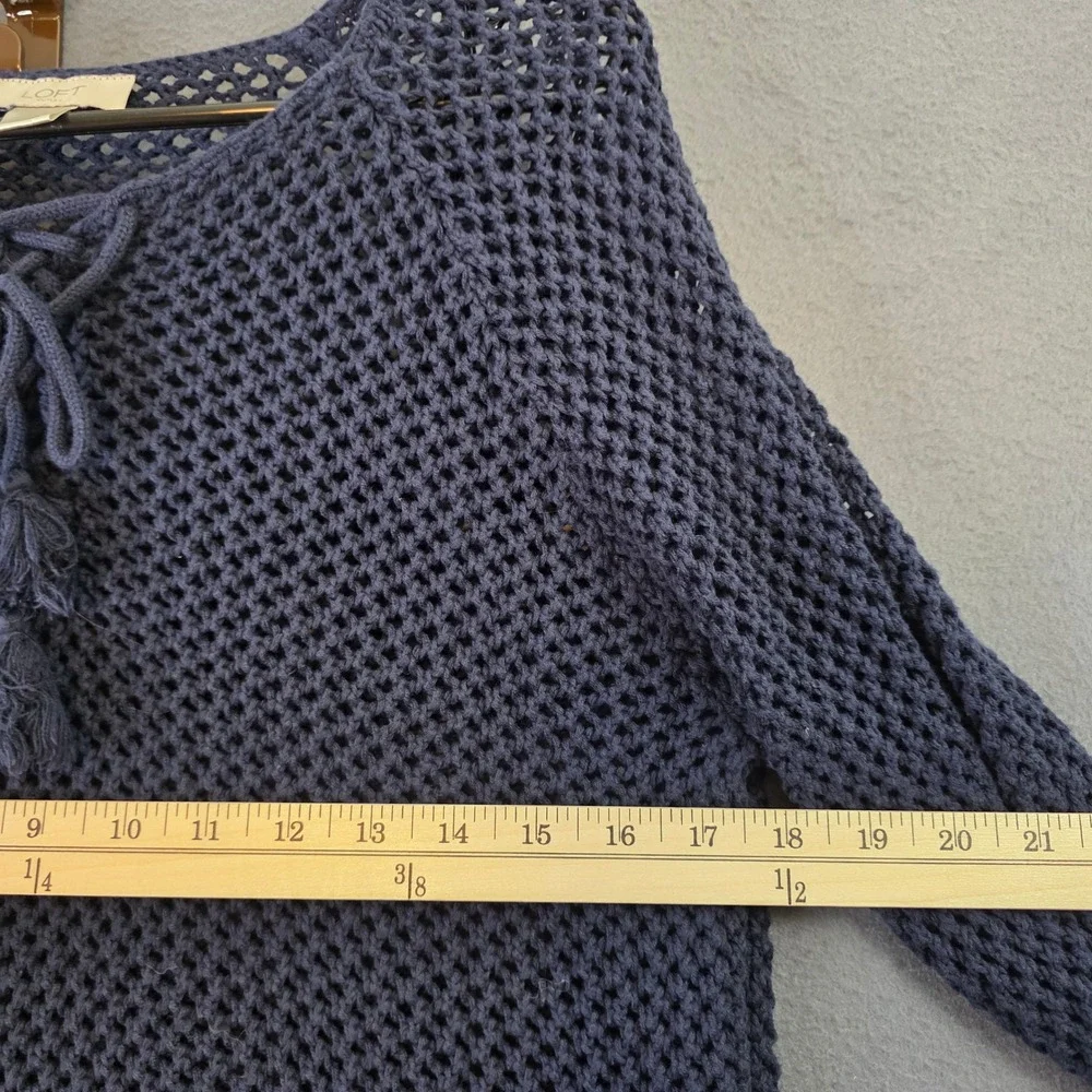 LOFT Outlet Navy Blue Open Knit Crochet Sweater Large L Lace Up Tassel Boho